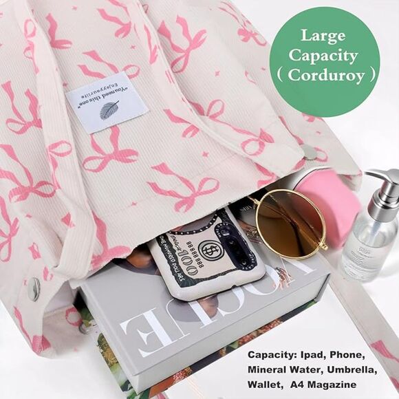 Women Pink Bow Imported Corduroy Small Canvas Shoulder Handy Tote Bag - Picture 2 of 4
